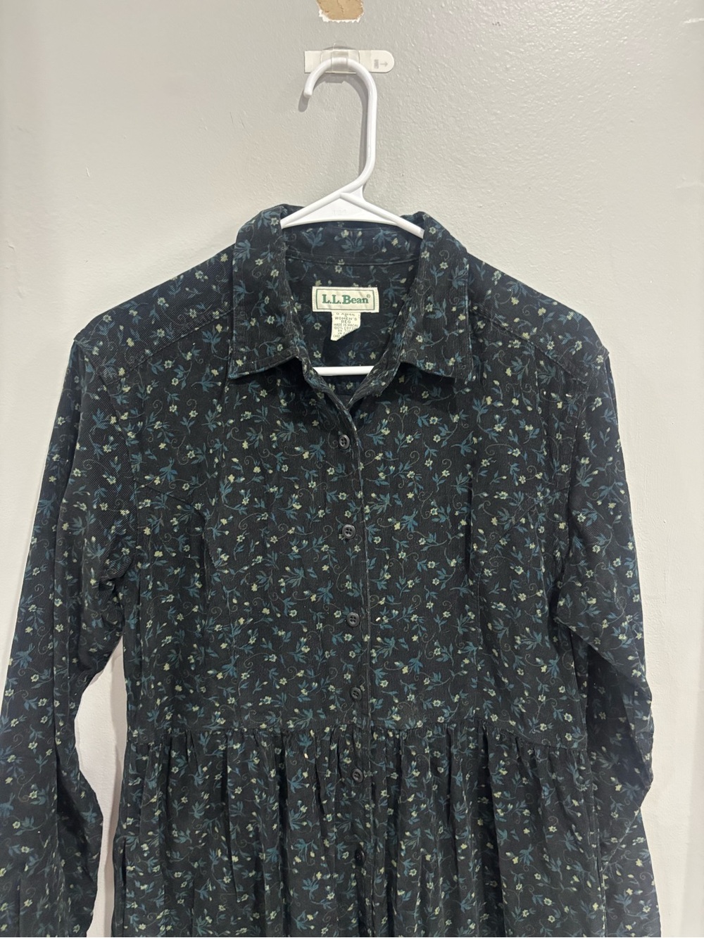 VTG L.L. Bean Floral Corduroy Dress Dark Cottagecore Button Front Long Sleeve 8